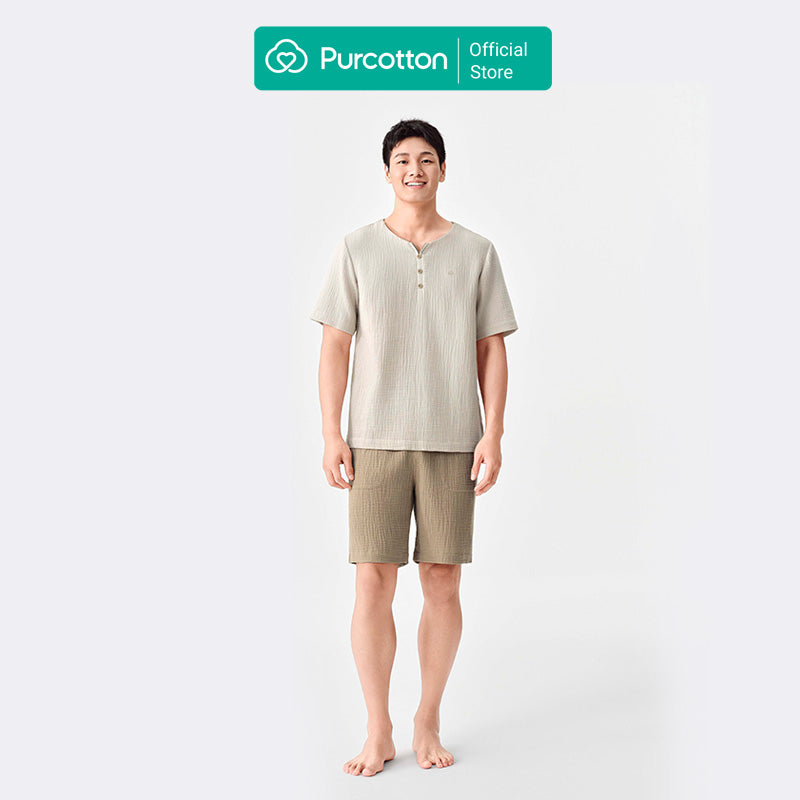 Purcotton Ensemble de loungewear en gaze AirySoft pour homme - Léger et moelleux - Respirant et respectueux de la peau - Confortable à la maison - Gris blanc cassé - Haut : 180/100A ; bas : 180/88A