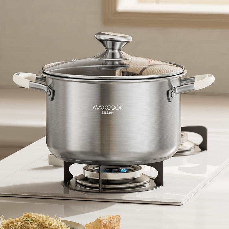 MAXCOOK Faitout tous feux 22 cm en acier inoxydable 304 avec couvercle en verre et poignées en silicone - 4,3 L