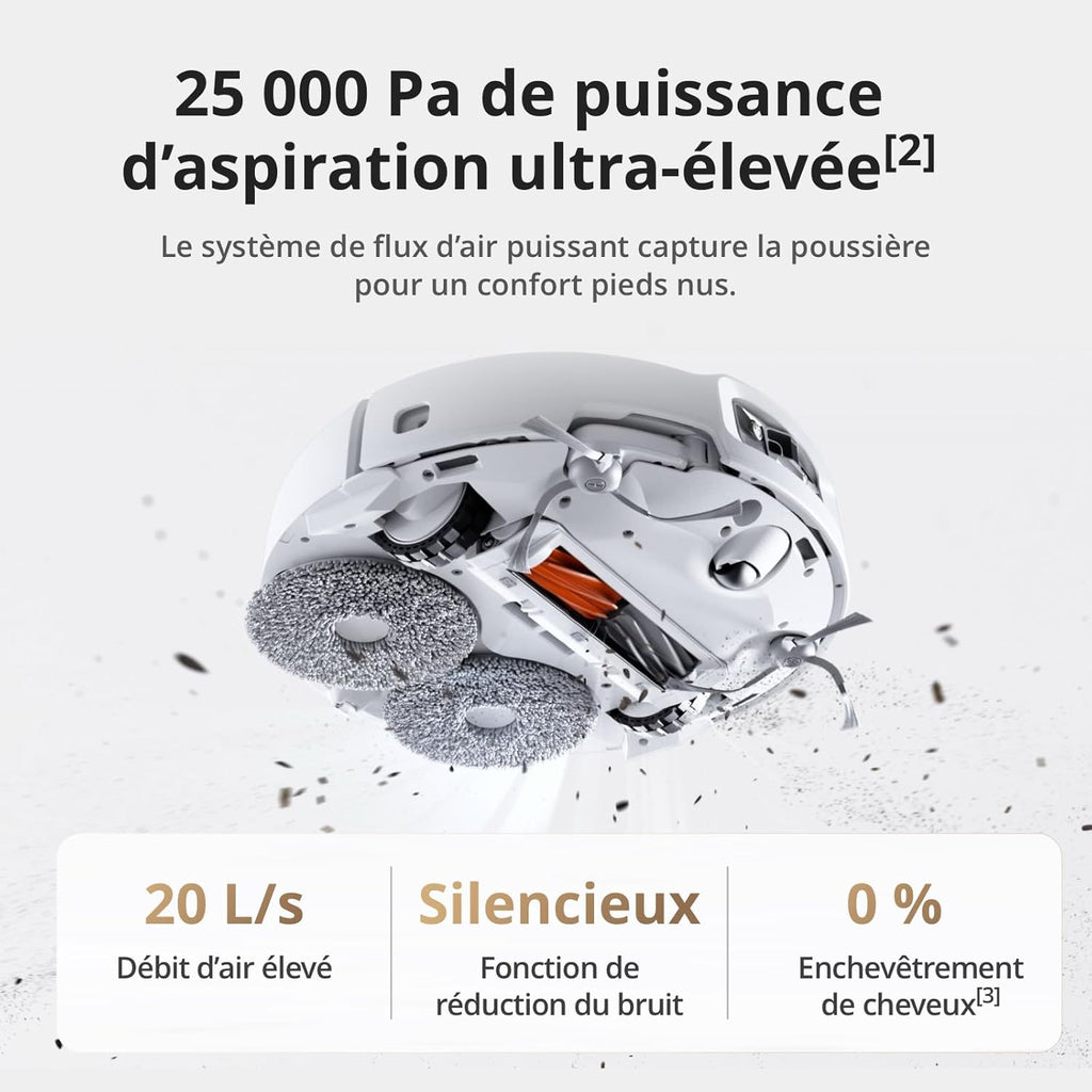 DJI ROMO S Aspirateur Robot Laveur avec Aspiration de 25 000 Pa, Détection de Niveau Drone, Deux Bras Robotiques, Fonctionnement sans Entretien de 200 Jours