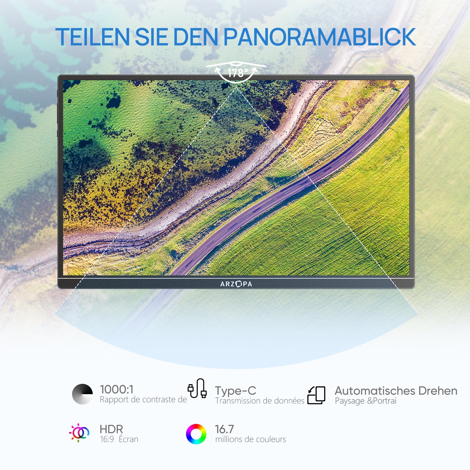 ARZOPA A1S Moniteur portable 14 po 1920 x 1080 FHD IPS 60 Hz USB-C mini HDMI support intégré Noir