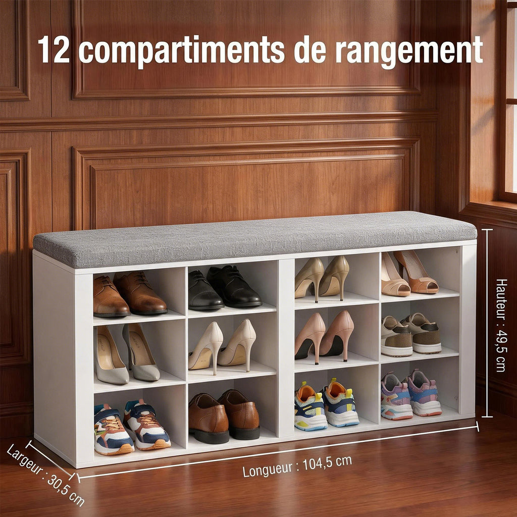HaluPeit Banc à chaussures avec assise, meuble à chaussures avec banc et 12 compartiments, banc d'entrée avec étagères réglables pour le salon, la chambre ou le couloir, blanc et gris