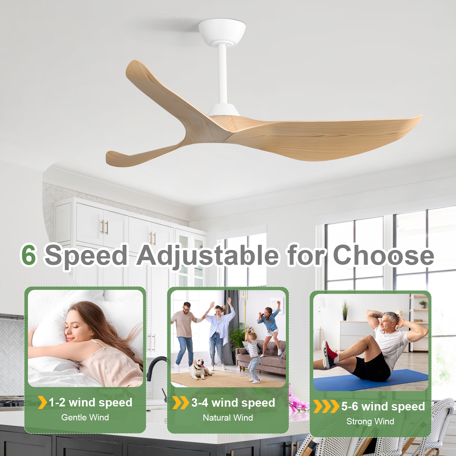 Sofucor 38k009 38 pouces Ventilateur de plafond à tige blanche sans lumière avec pales en ABS naturel