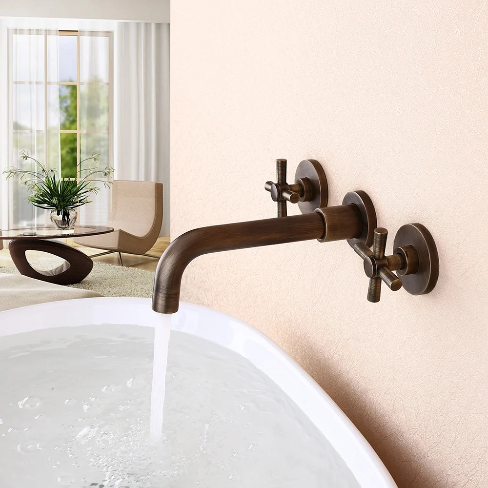 Homary Melro Classic Mitigeur de lavabo mural à poignée croisée double en laiton antique