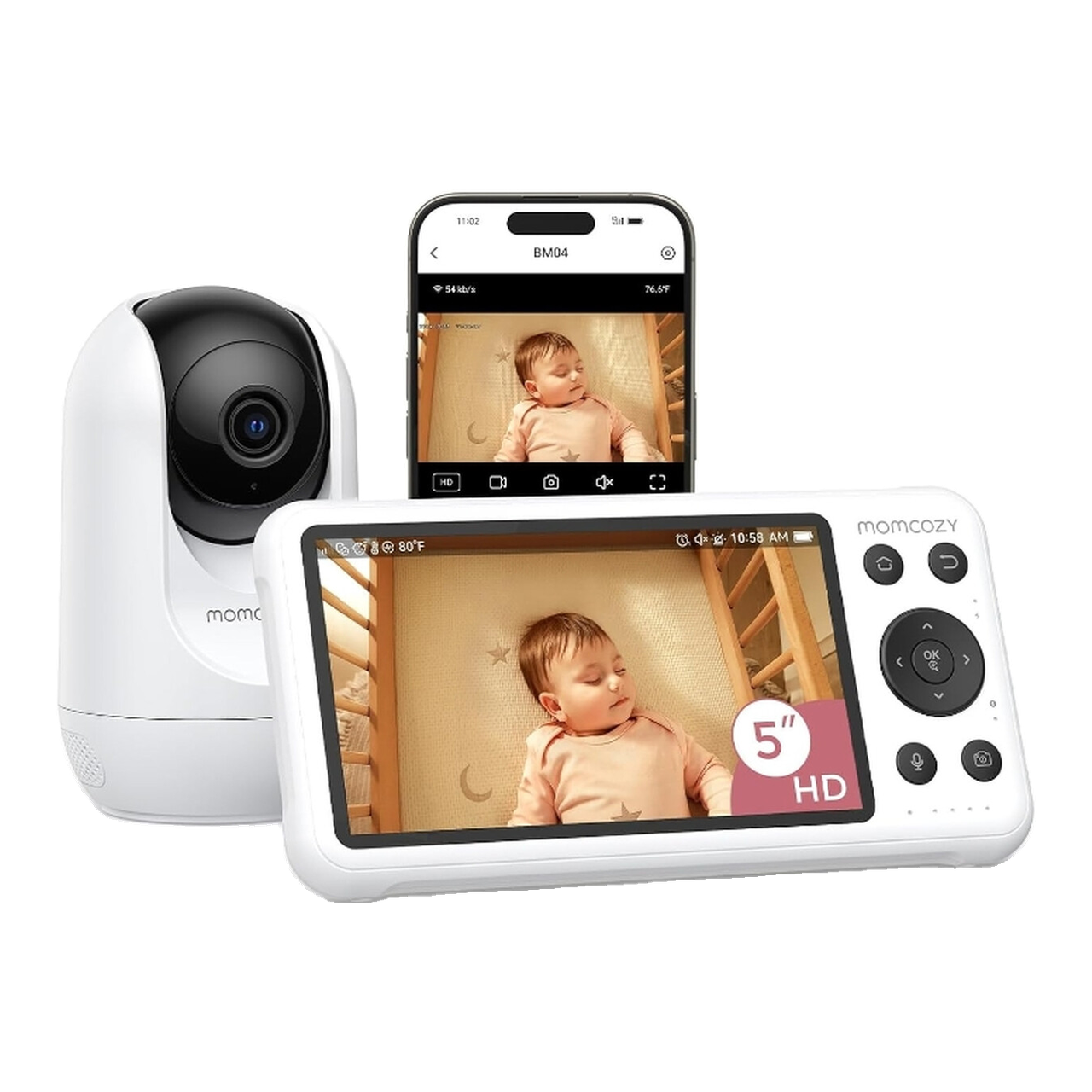 MOMCOZY Babyphone connecté Wi-Fi avec caméra 1080P, écran 5 pouces, détection mouvement/pleurs, vision nocturne et audio bidirectionnel