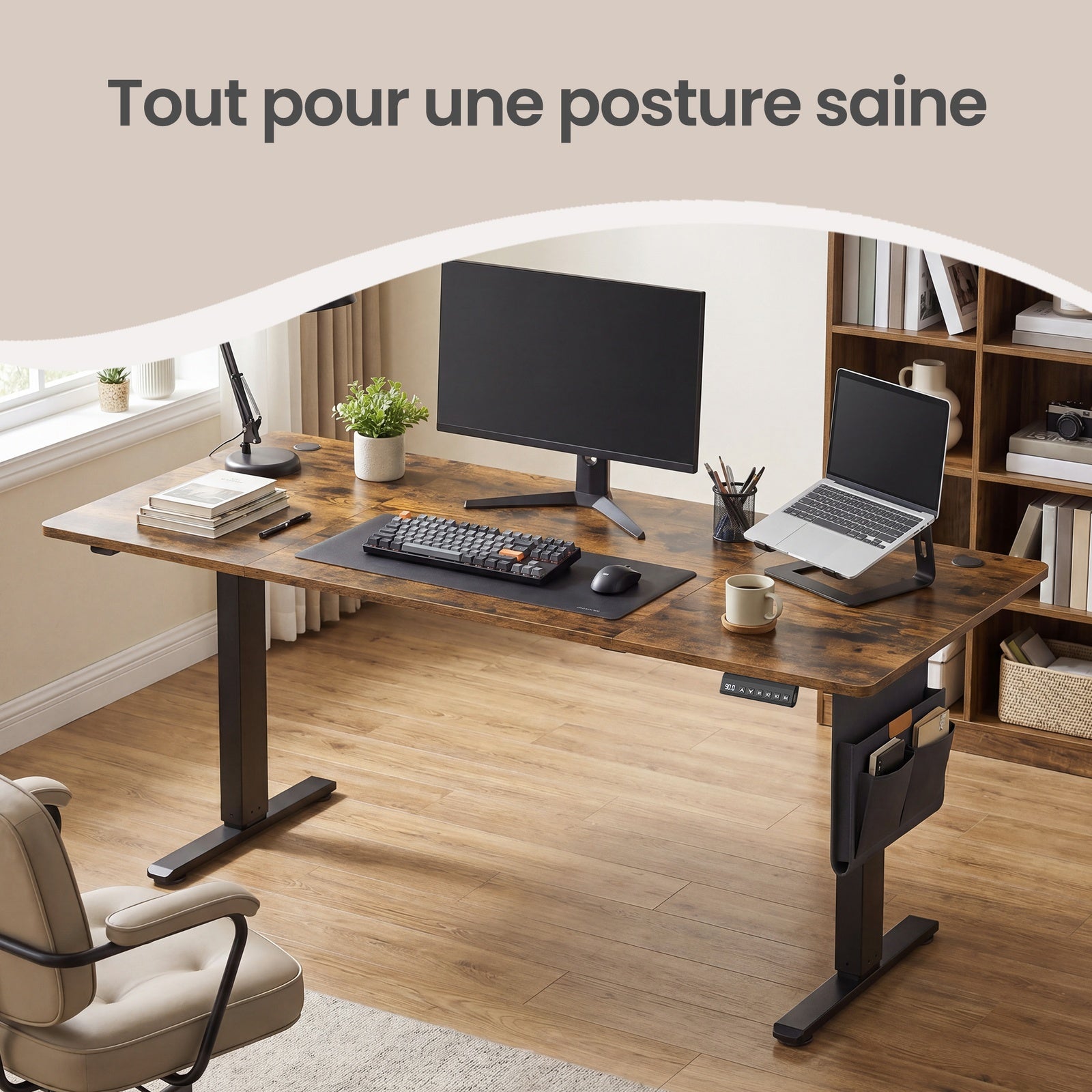 JOYFURNOS Bureau électrique réglable en hauteur 180 x 80 cm, Réglage continu, Fonction mémoire 4 hauteurs, Marron vintage