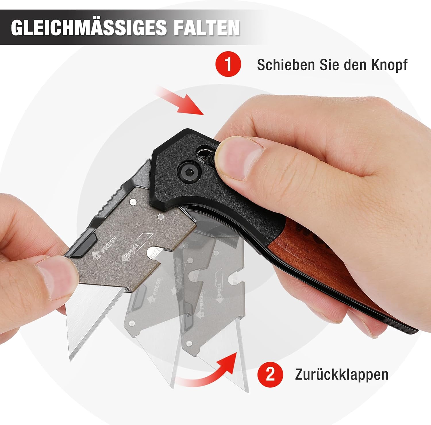 WORKPRO Cutter utilitaire multifonction pliant avec manche en bois, verrou coulissant et clip de ceinture, comprend 10 lames de rechange SK5