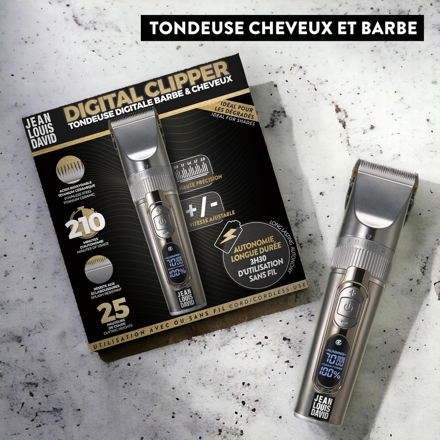Jean Louis David Digital Clipper – Tondeuse Cheveux & Barbe Sans Fil, 25 Hauteurs de Coupe, Écran Digital