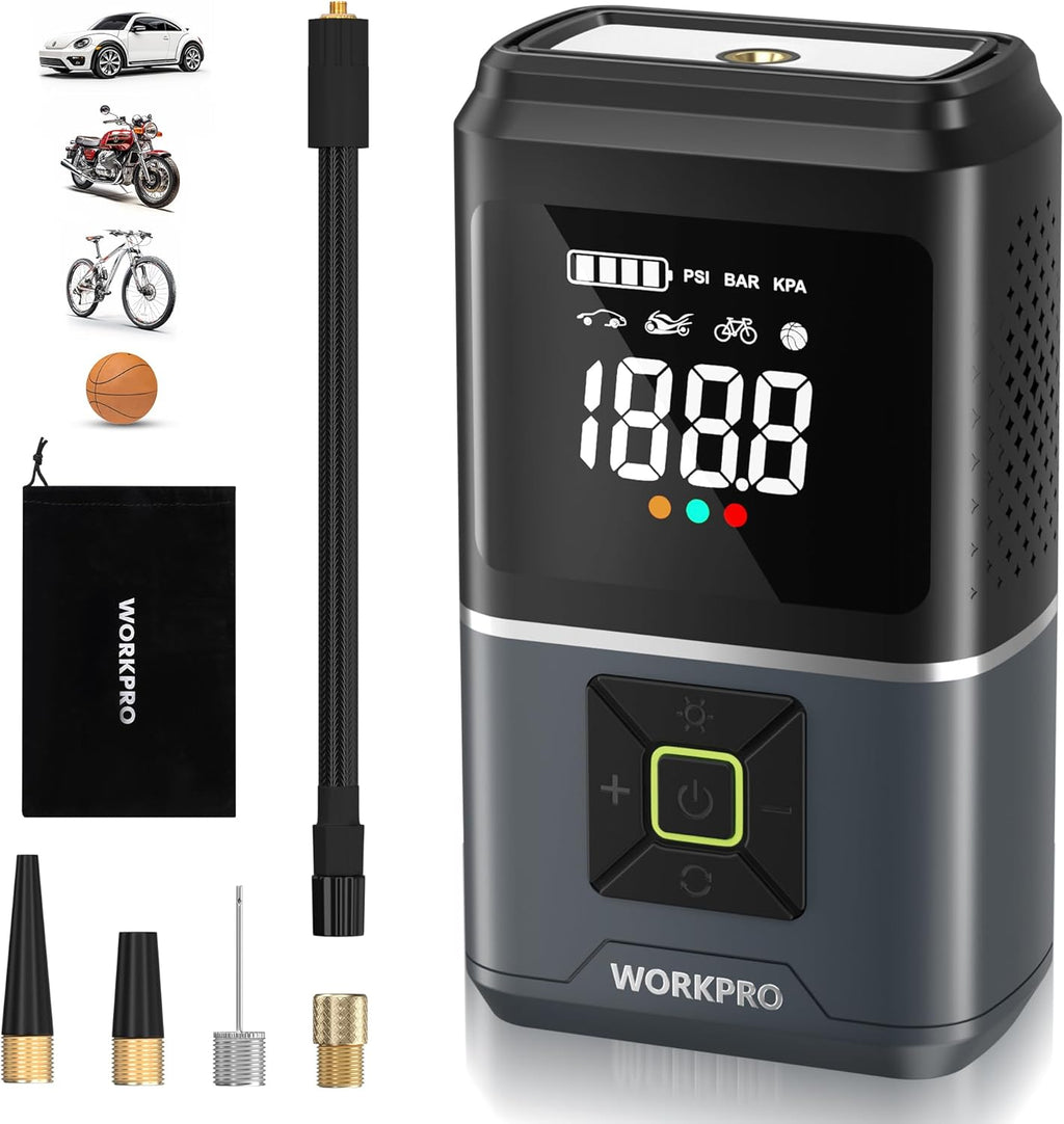WORKPRO Pompe à air électrique 150 PSI (10,3 bar), Compresseur d’air sur batterie 7,2 V 2500 mAh