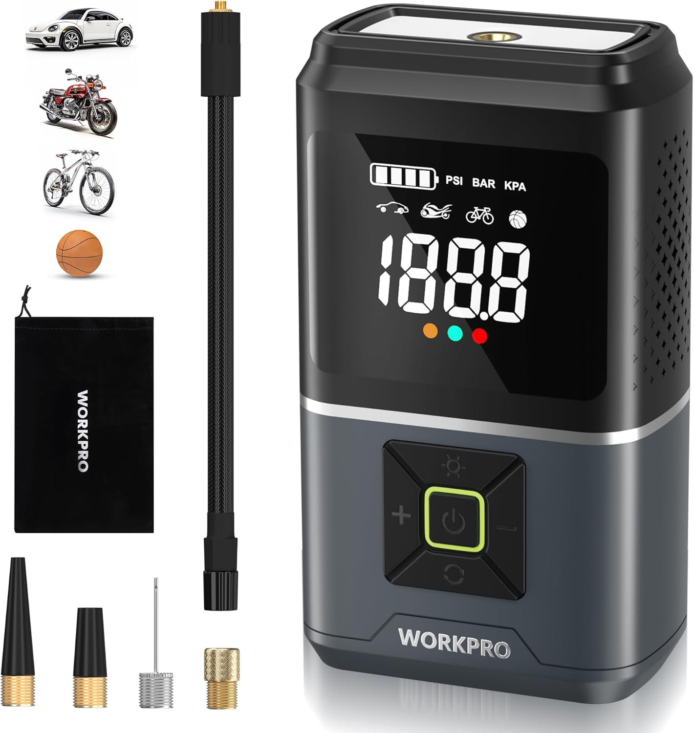 WORKPRO Pompe à air électrique 150 PSI (10,3 bar), Compresseur d’air sur batterie 7,2 V 2500 mAh