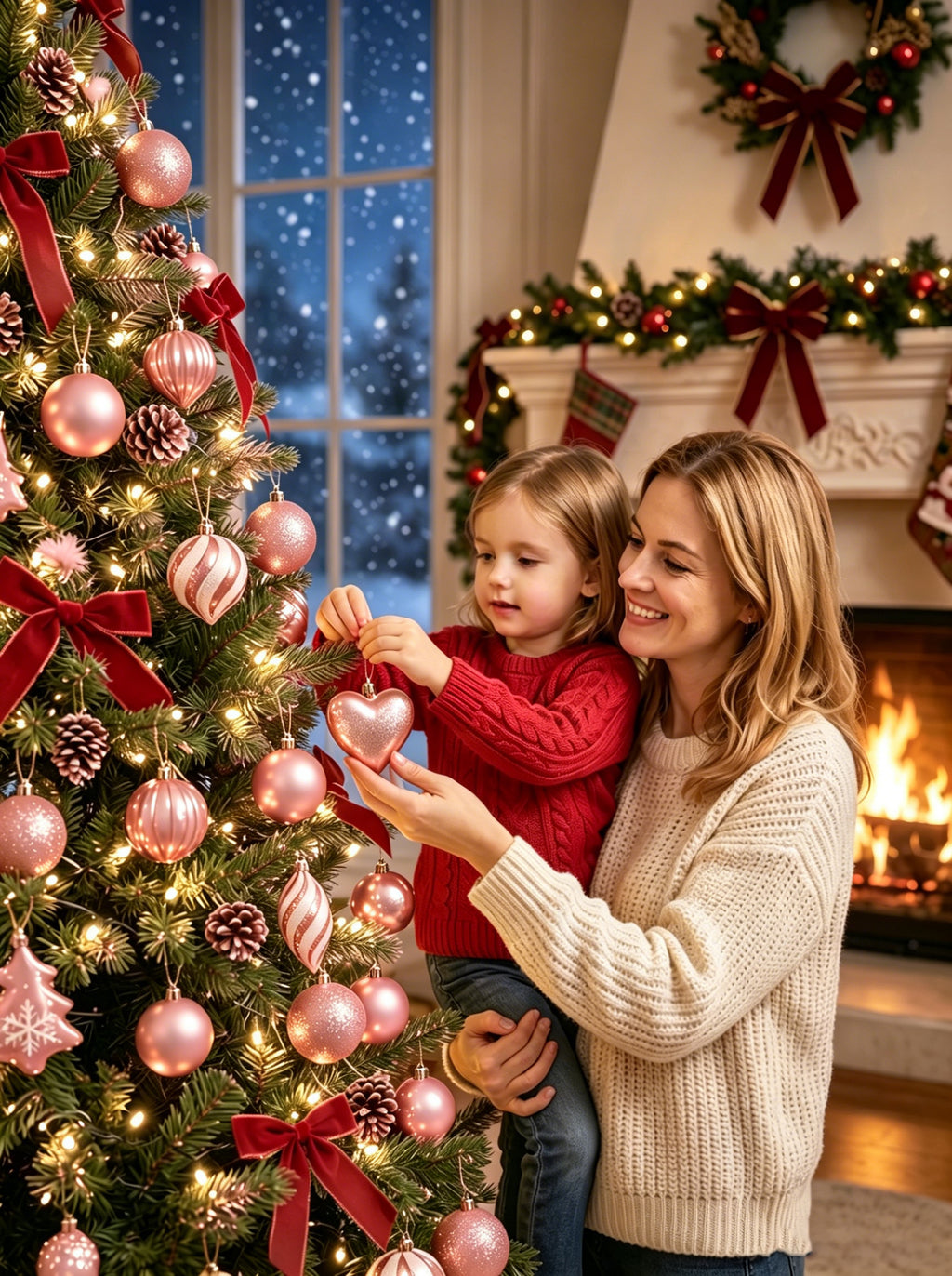 Ju7cer Lot de 72 boules de Noël, avec sapin de Noël, boules de Noël en forme de cœur, chaussettes de Noël, boules de Noël, pour la décoration du sapin de Noël et des fêtes, rose