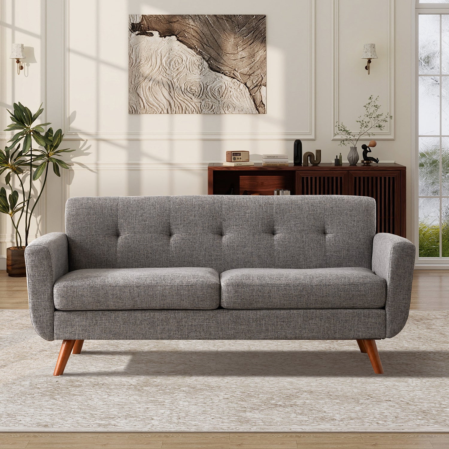 HONEYOU Canapé 165 cm, Canapés de coin pour décoration moderne du milieu du siècle pour salon, petit canapé rembourré capitonné à boutons pour chambre, meuble de coin solide et facile à installer, gris