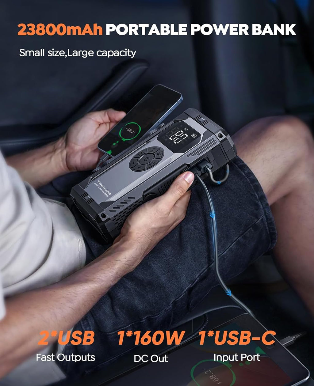 TREKURE Beta06 Booster de démarrage avec compresseur d’air 150 psi, 5500 A de crête, batterie de secours portable 12 V, câbles de démarrage