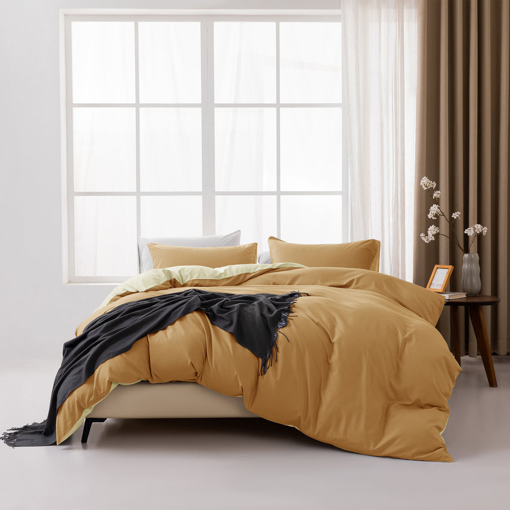 MENDALE Parure de housse de couette - Parure de lit haut de gamme - Housse de couette 135 x 200 cm avec taie d'oreiller 80 x 80 cm - Microfibre douce brossée - Marron et jaune