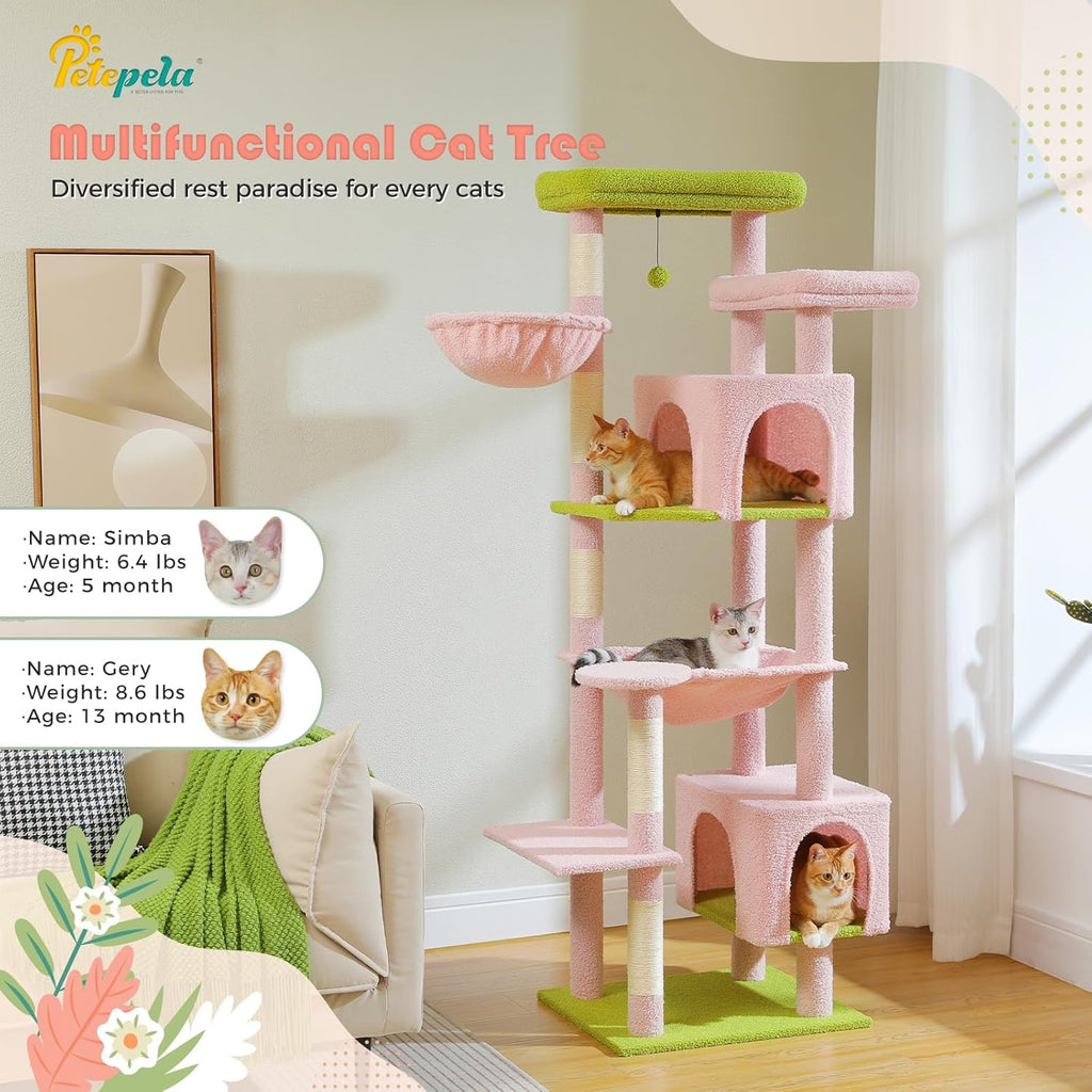 PAWZ Road Grand arbre à chat stable avec plusieurs niveaux, hamac, arbre à chat XXL 175 cm, 13 poteaux en sisal (diamètre 11 cm), grande plateforme, niche, paniers, rose