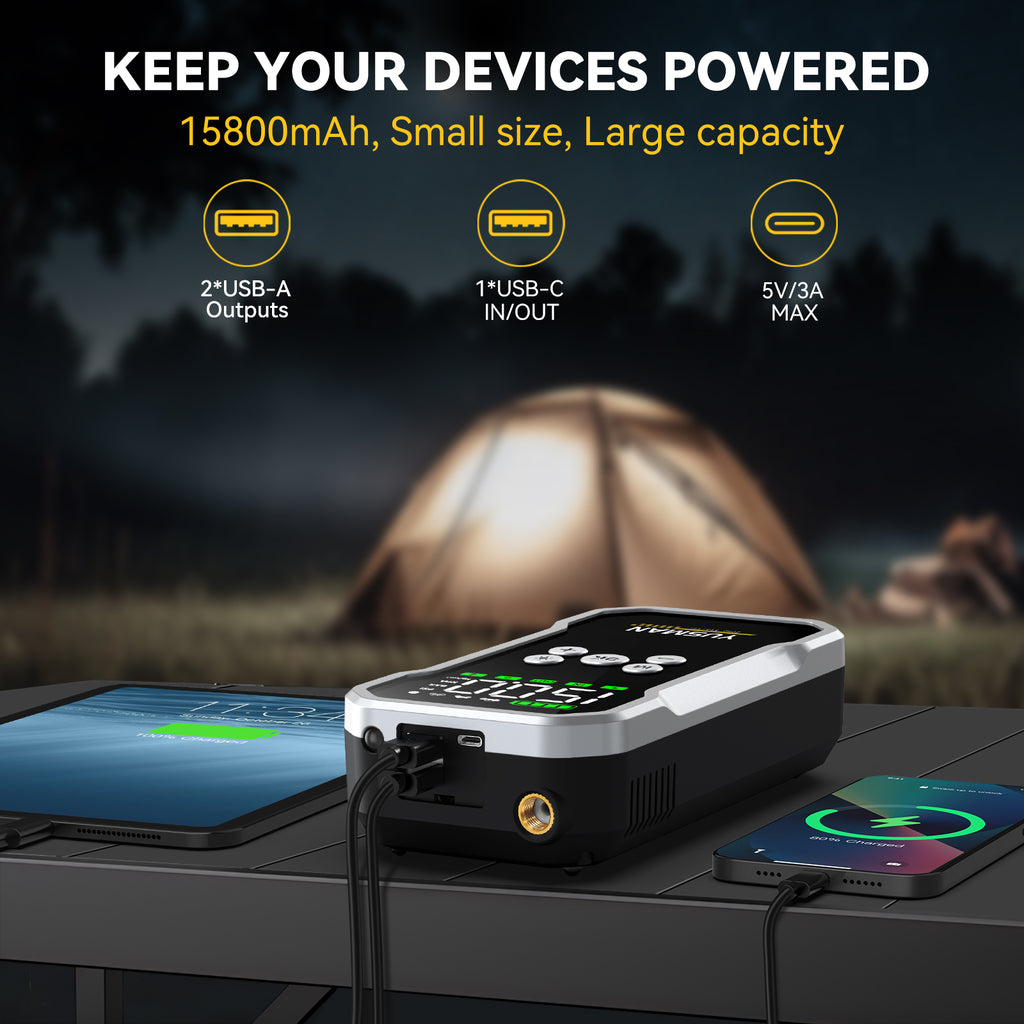 Chargeur de démarrage YUSMAN avec compresseur | 7000A pour tous les moteurs essence et 7L diesel | Pompe à air 150 PSI avec écran LCD et lampe torche multifonction