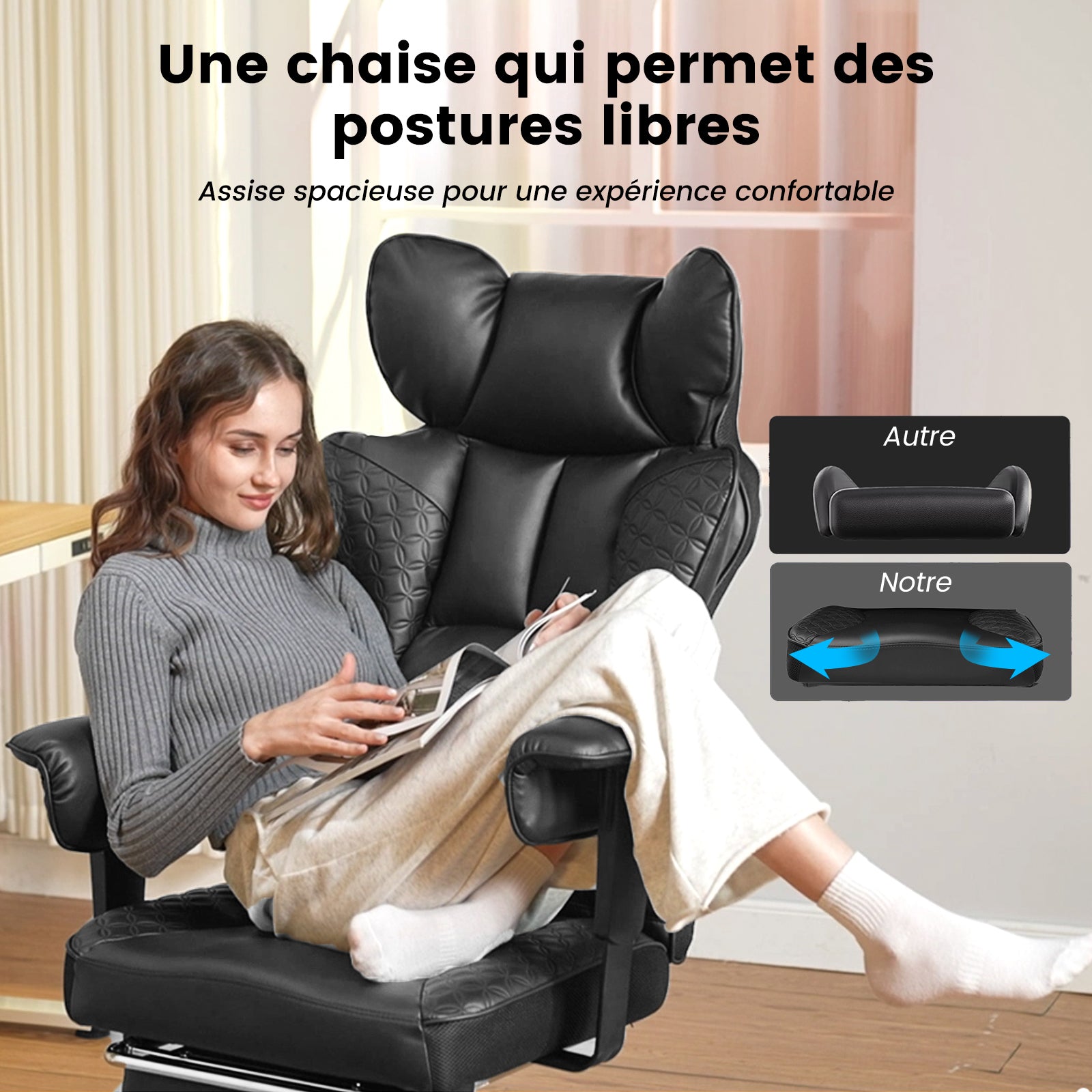 GTPlayer Chaise de bureau ergonomique pour grands gabarits, chaise de direction robuste avec repose-pieds, chaise pivotante inclinable à dossier haut en cuir PU, pour ordinateur et maison