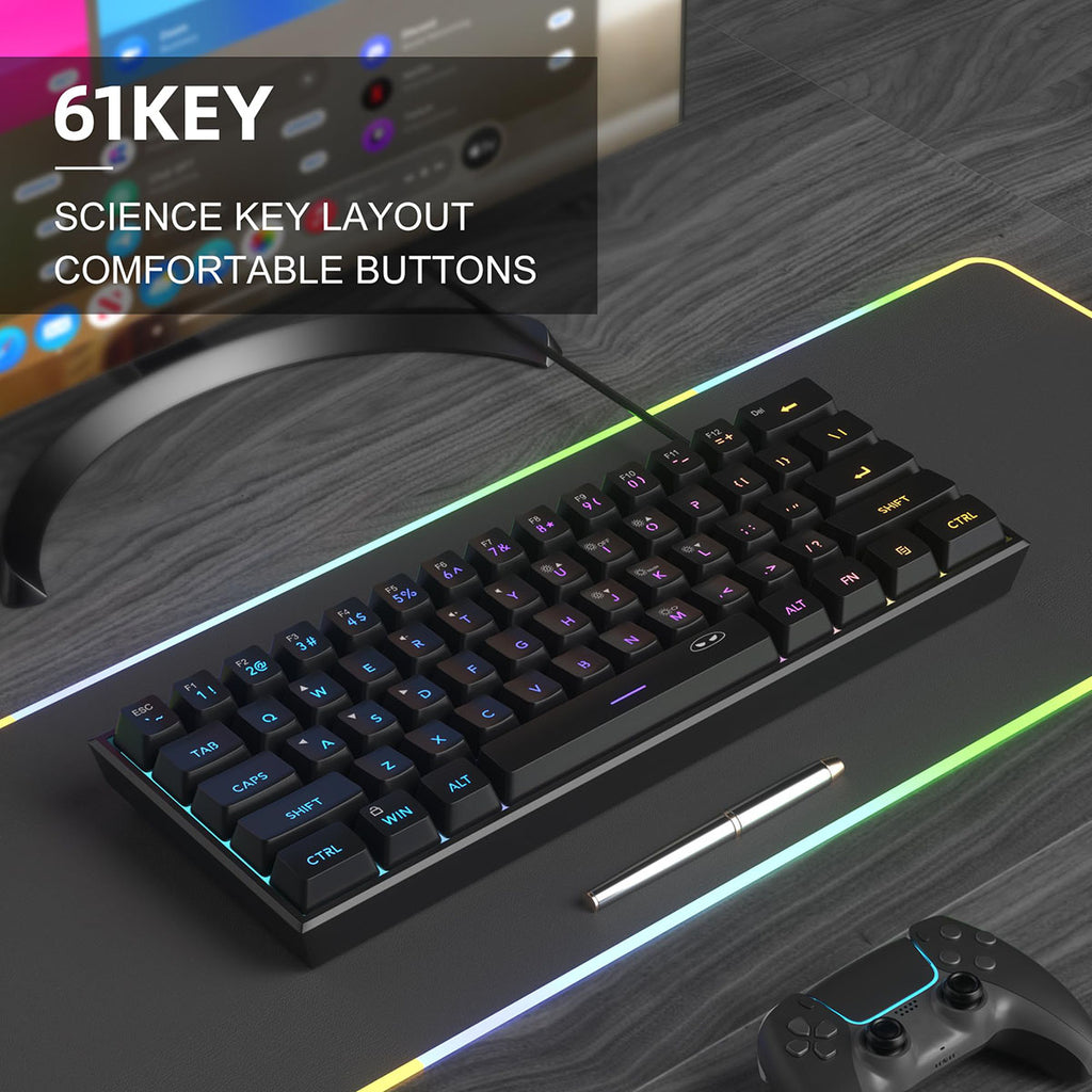 MageGee TS91 Clavier de jeu filaire 60 %, disposition QWERTY US, rétroéclairage RGB, 61 touches, ultra-compact, ergonomique, étanche, à l’aspect mécanique, pour PC, Mac, PS4 et Xbox One, idéal pour les joueurs (Noir)