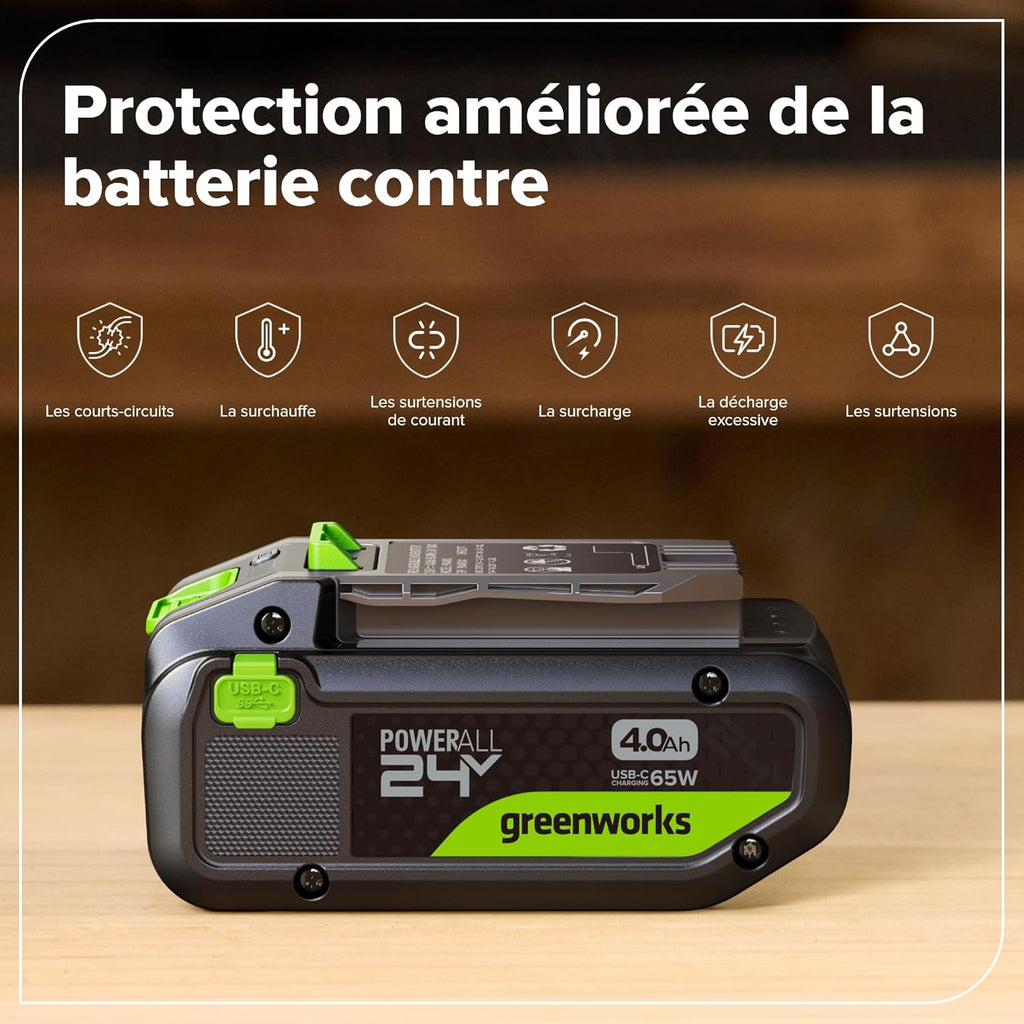 Greenworks Kit de Démarrage 24 V 1x Batterie USB HP 4 Ah + Chargeur 65 W + Câble 100 W 1 m