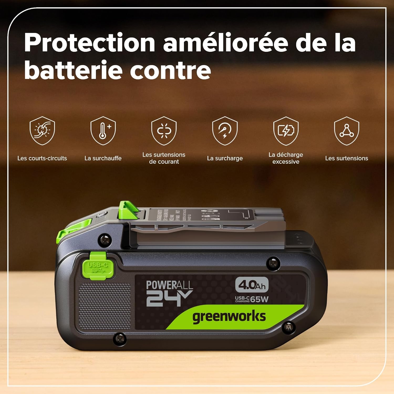 Greenworks Kit de Démarrage 24 V 1x Batterie USB HP 4 Ah + Chargeur 65 W + Câble 100 W 1 m