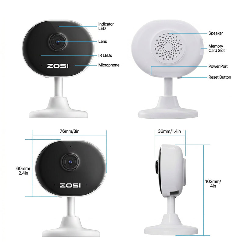 ZOSI Caméra WiFi intérieure C688 1080P, mini caméra de sécurité à dôme, caméra de sécurité pour la maison, surveillance pour personne âgée, bébé, chien et animal de compagnie