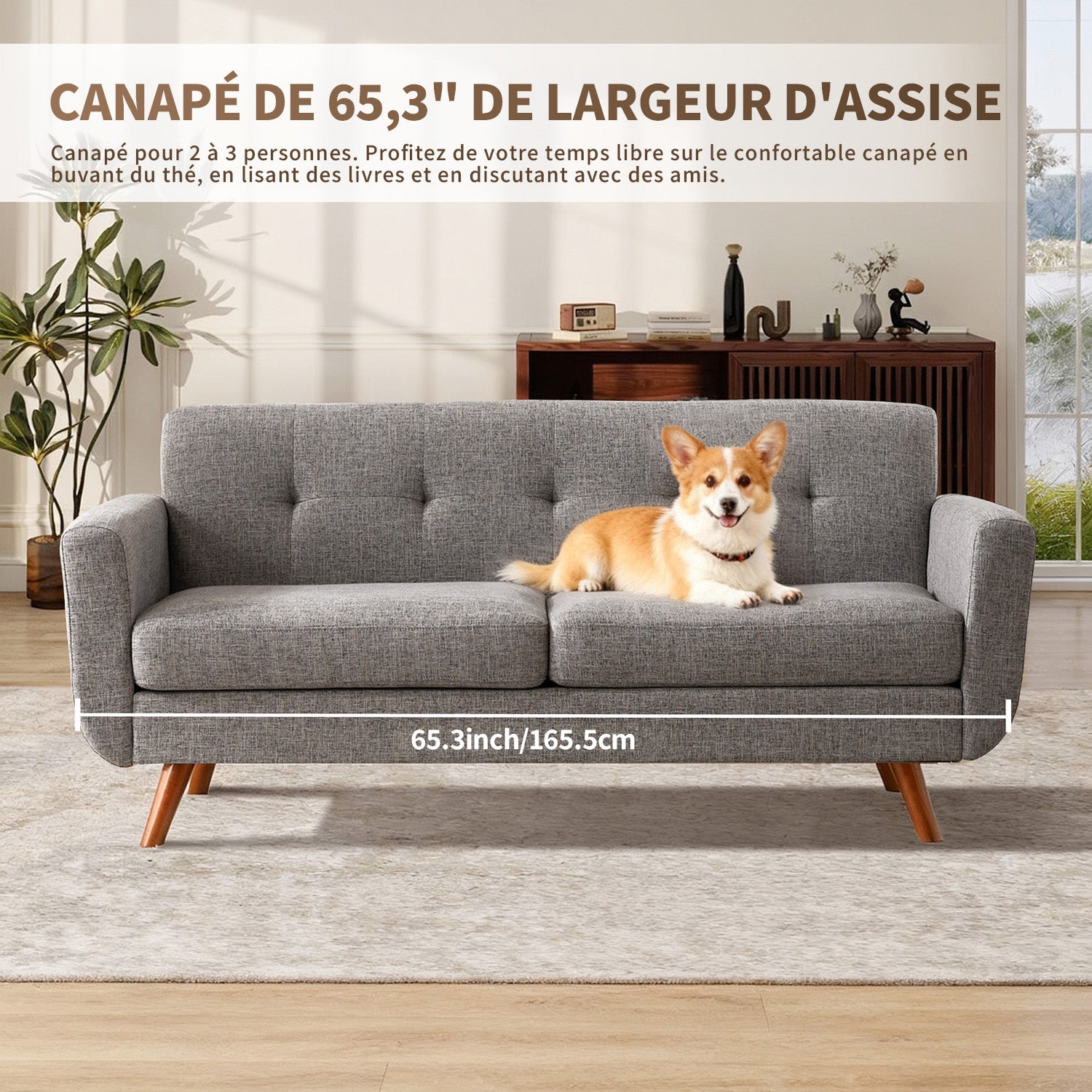 HONEYOU Canapé 165 cm, Canapés de coin pour décoration moderne du milieu du siècle pour salon, petit canapé rembourré capitonné à boutons pour chambre, meuble de coin solide et facile à installer, gris