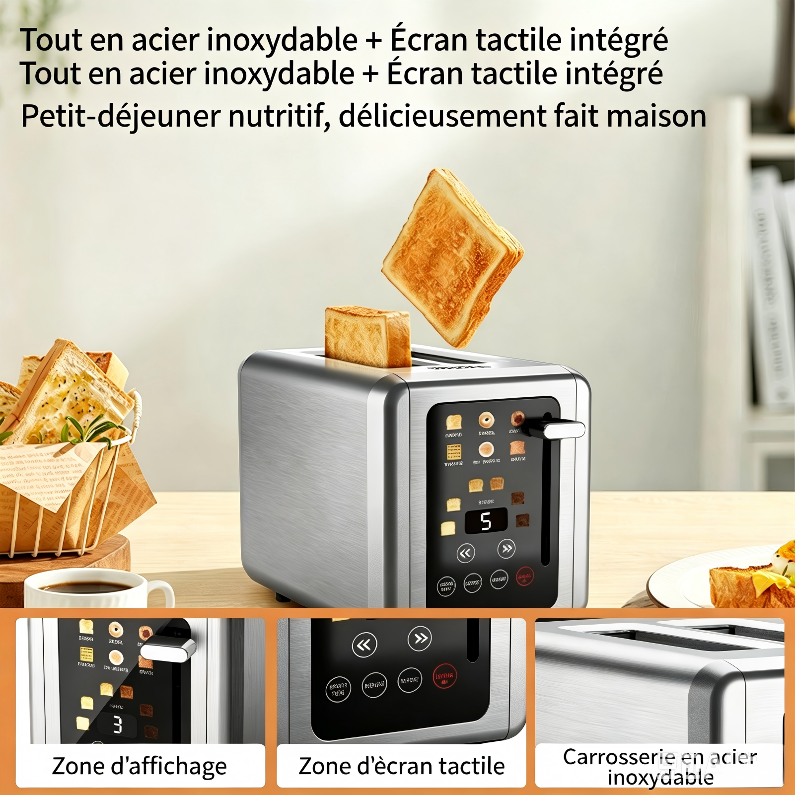 WHALL Grille-pain numérique intelligent avec écran tactile, 2 tranches, fentes larges de 1,5 pouce, 6 niveaux de toast et 6 types de pain, fonction mémoire, minuteur, inox brossé