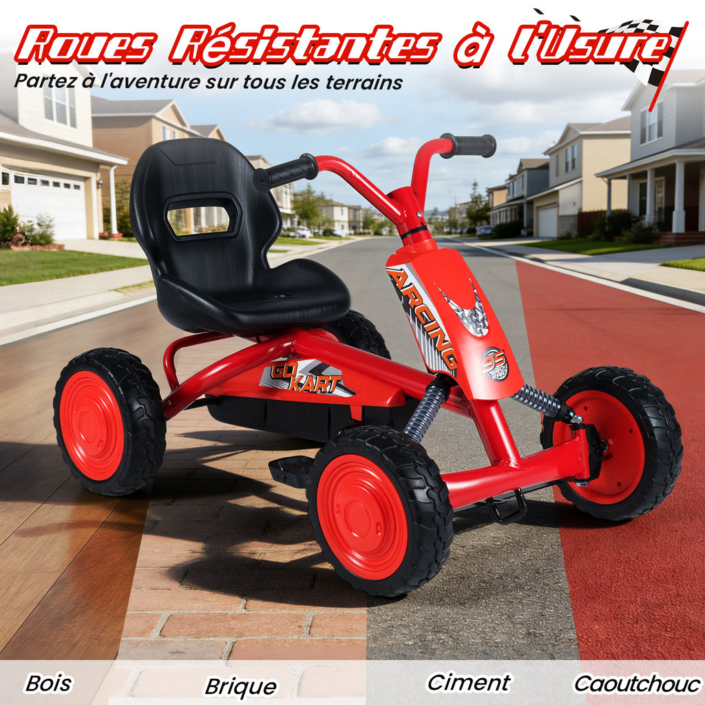 Costway Kart à pédales pour enfants, Siège réglable à 2 positions, 4 roues robustes, Capacité de charge 30 kg, Convient aux 3-8 ans, Rouge
