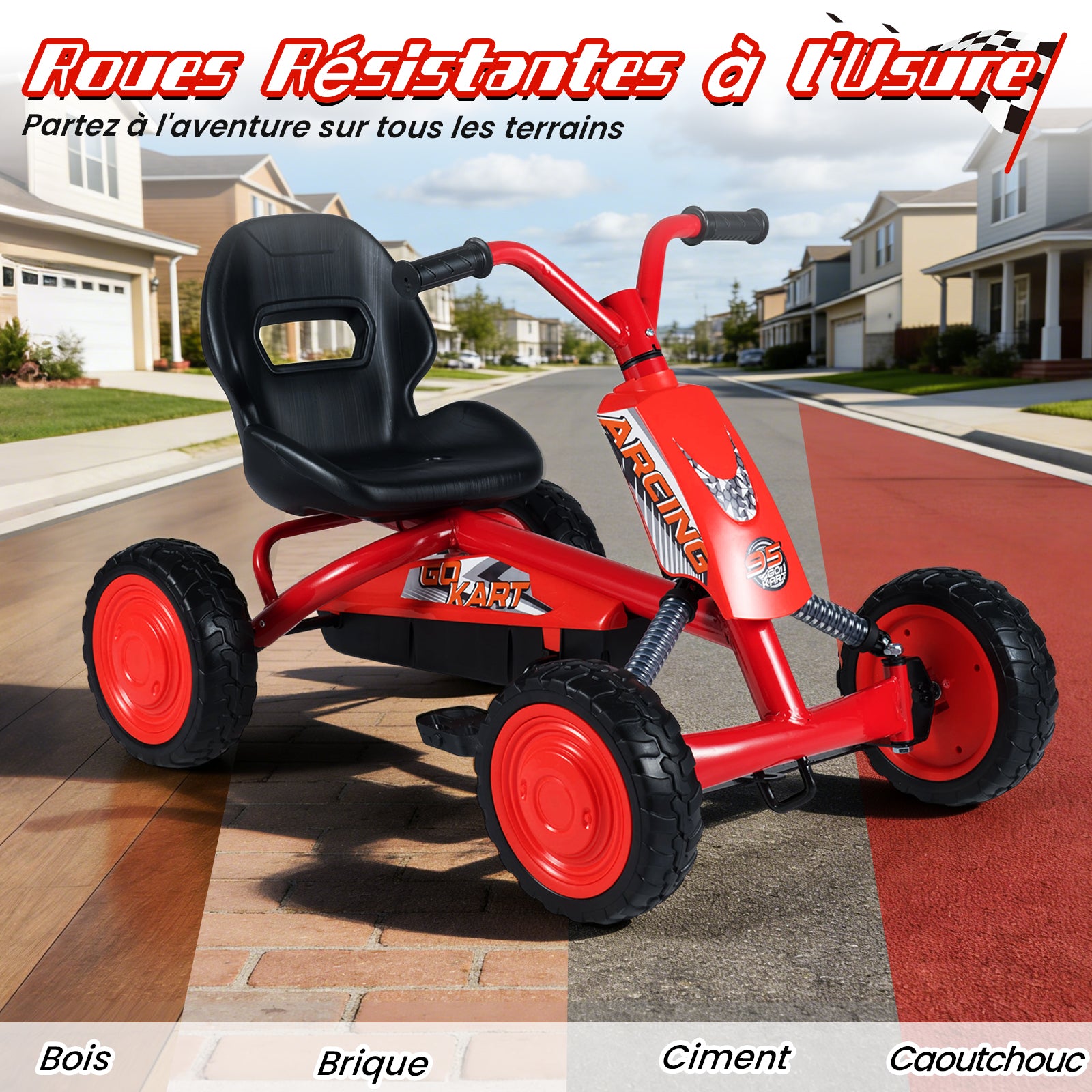 Costway Kart à pédales pour enfants, Siège réglable à 2 positions, 4 roues robustes, Capacité de charge 30 kg, Convient aux 3-8 ans, Rouge