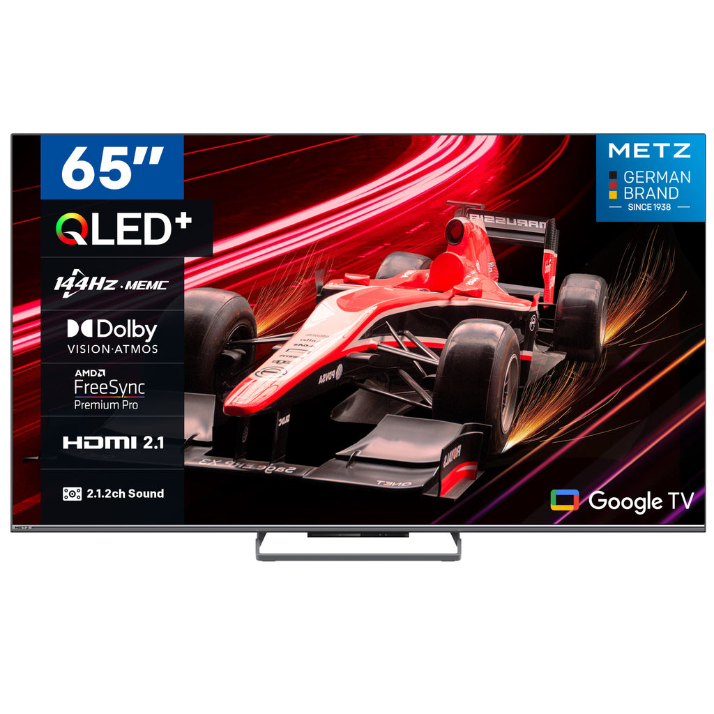 METZ 65MQE8000Z TV 65 pouces (165 cm) QLED Google TV, 144 Hz, 4K UHD HDR10+, Dolby Vision & Atmos, Système audio 2.1.2 avec caisson de basses intégré, HDMI 2.1, FreeSync Premium, MEMC