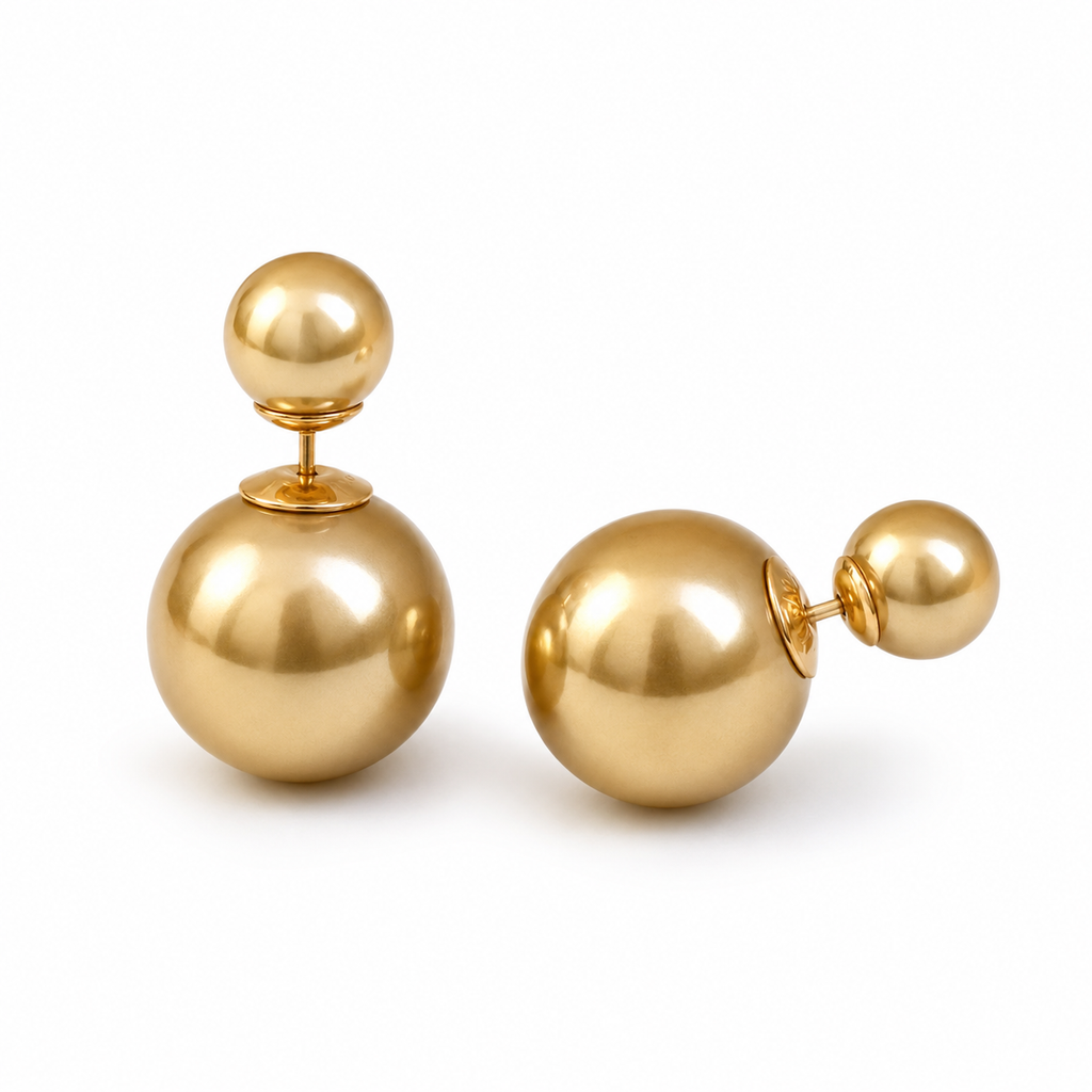 VoxorAI Boucles d’oreilles dorées classiques à double perle avec deux perles des deux côtés, Luxe discret, Mode haut de gamme, Nouveautés de niche 8 mm et 16 mm