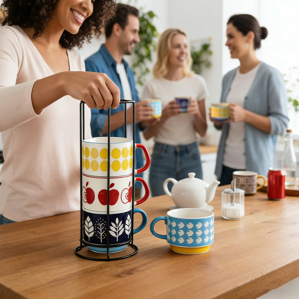 Lot de 4 tasses en céramique à motifs amusants, tasses à café colorées 300 ml (Pomme, Pois, Feuille, Rayure)