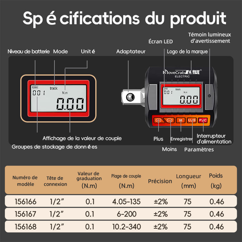 Adaptateur de couple numérique MoveCrab 10,2-340 N.m, entraînement 1/2", incluant des adaptateurs pour 3/8" et 1/4", pour clé dynamométrique électronique