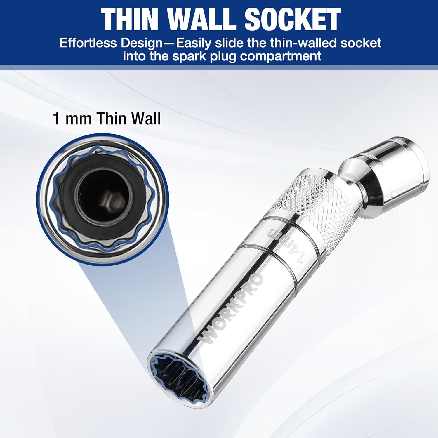 WORKPRO 14 mm Douille magnétique pour bougie d'allumage, 3/8" de couple x 100 mm acier Cr-V trempé, Forte fixation magnétique, Conception pivotante à 360°
