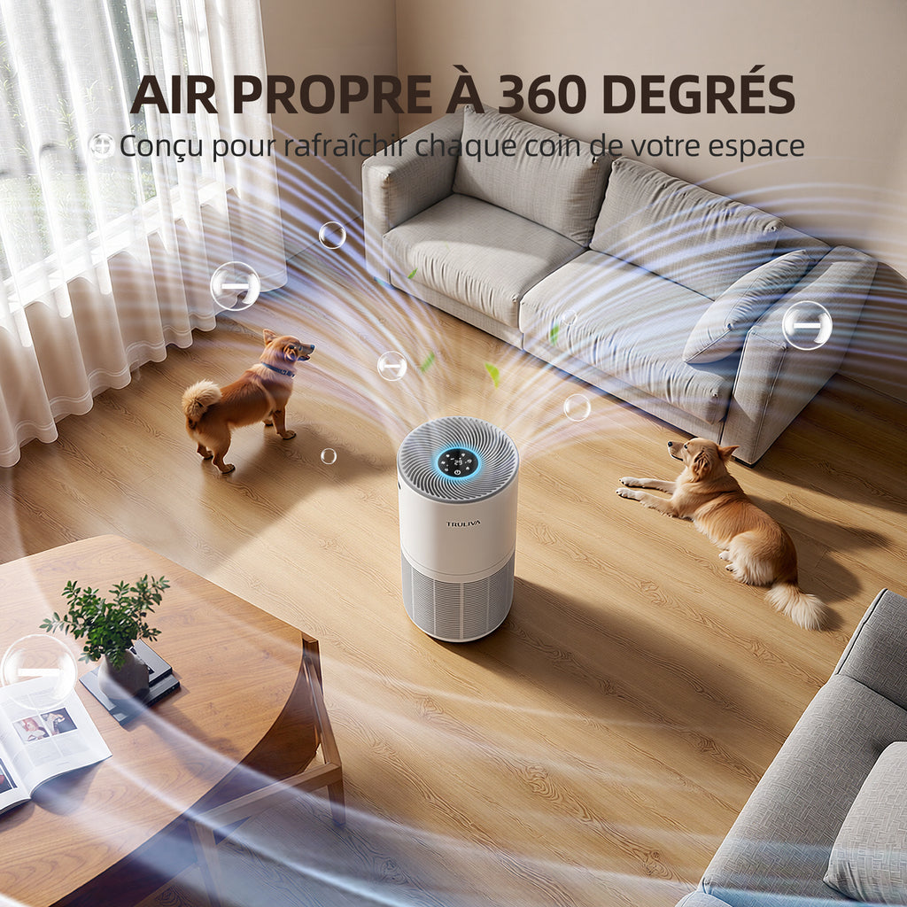 TRULIVA H13 Purificateur d'air HEPA, CADR 450 m³/h, circulation d'air à 360° pour toute la pièce, minuterie 24 h, élimine les odeurs et les squames d'animaux, allergies, PM2.5, fumée, pollen, acariens