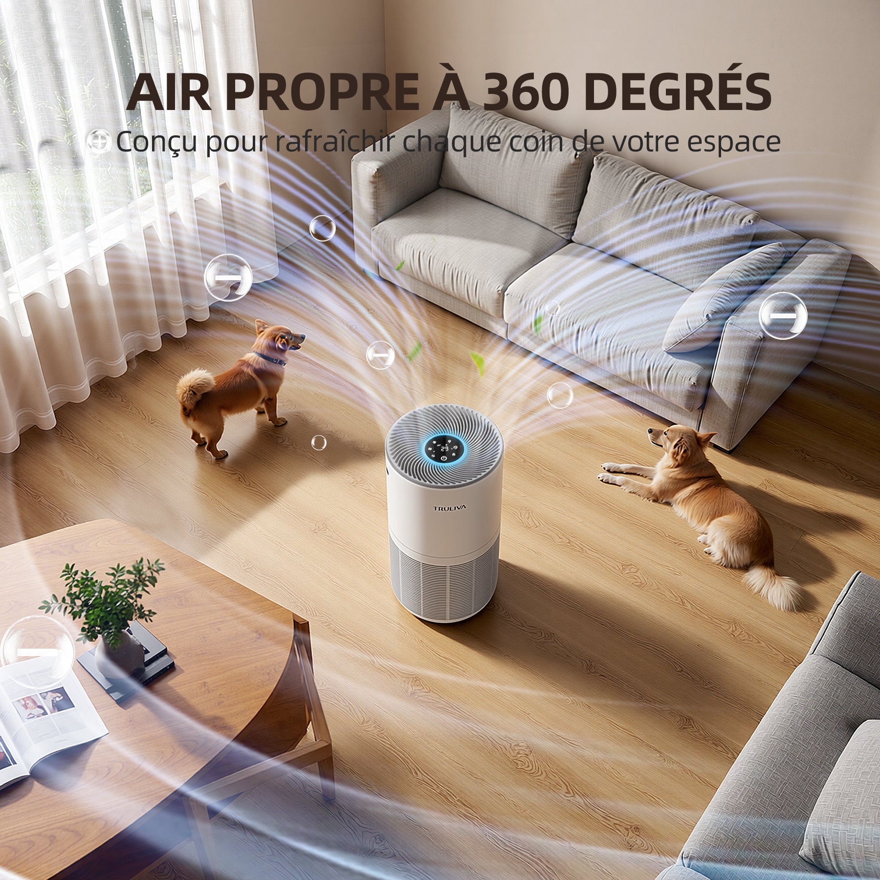 TRULIVA H13 Purificateur d'air HEPA, CADR 450 m³/h, circulation d'air à 360° pour toute la pièce, minuterie 24 h, élimine les odeurs et les squames d'animaux, allergies, PM2.5, fumée, pollen, acariens