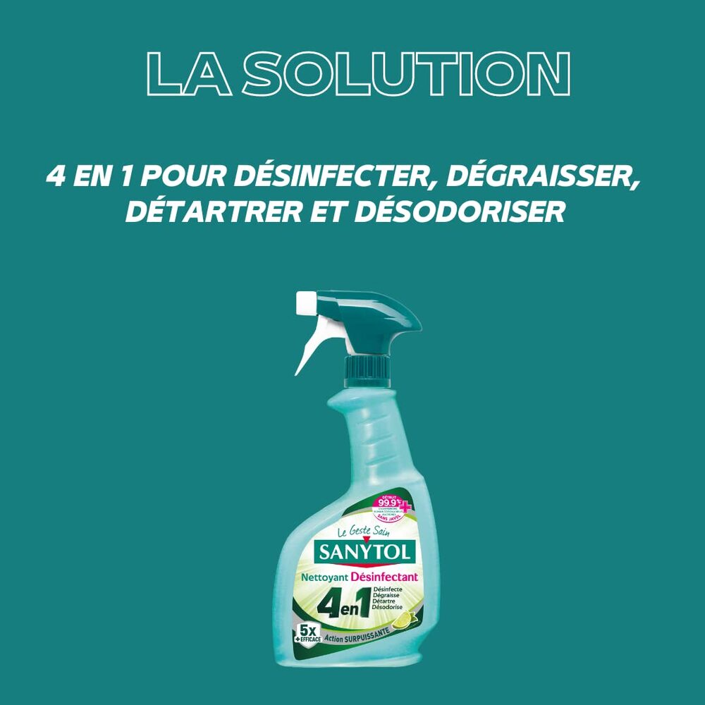 Sanytol Spray Nettoyant Désinfectant Multi-Surfaces 4 Actions Protection Fraîcheur, 500 ml