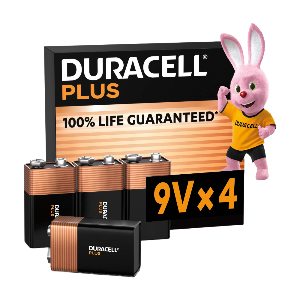DURACELL Plus Lot de 4 piles 9 V alcalines, durée de vie garantie à 100%, idéales pour les appareils du quotidien, emballage 0% plastique, conservation 5 ans - 6LR61 MN1604