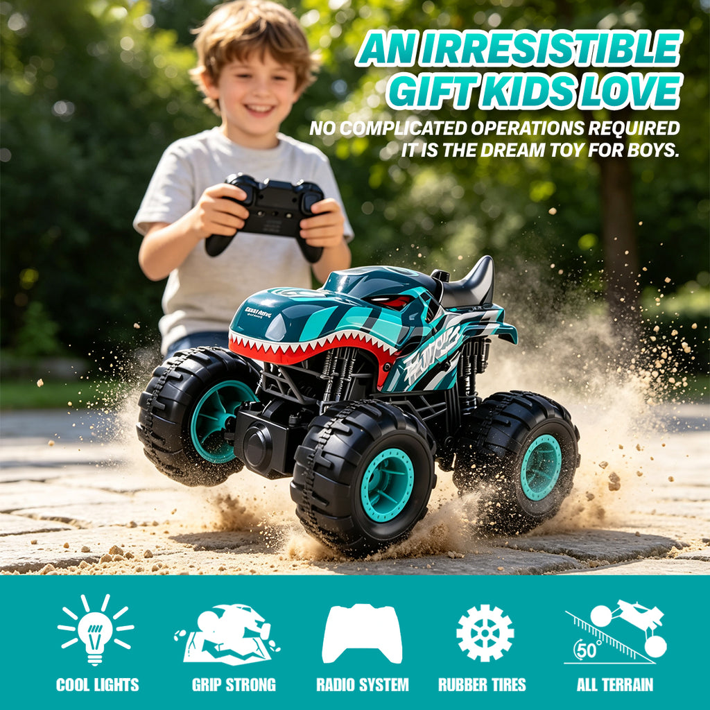 2.4GHz All-Terrain Shark Monster Truck Toy, Remote Control Truck with Music & 3 Lighting Modes, 360° Stunt Function, 2 Batteries Included Ready to Run, Toy Gift for Boys & Girls