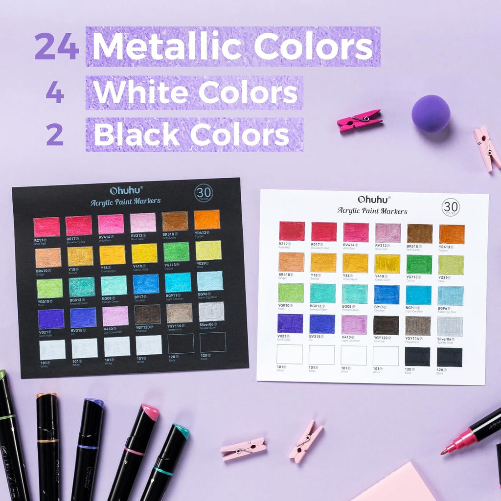 Ohuhu Stylos de peinture acrylique 30 couleurs : à double pointe (ronde et fine)