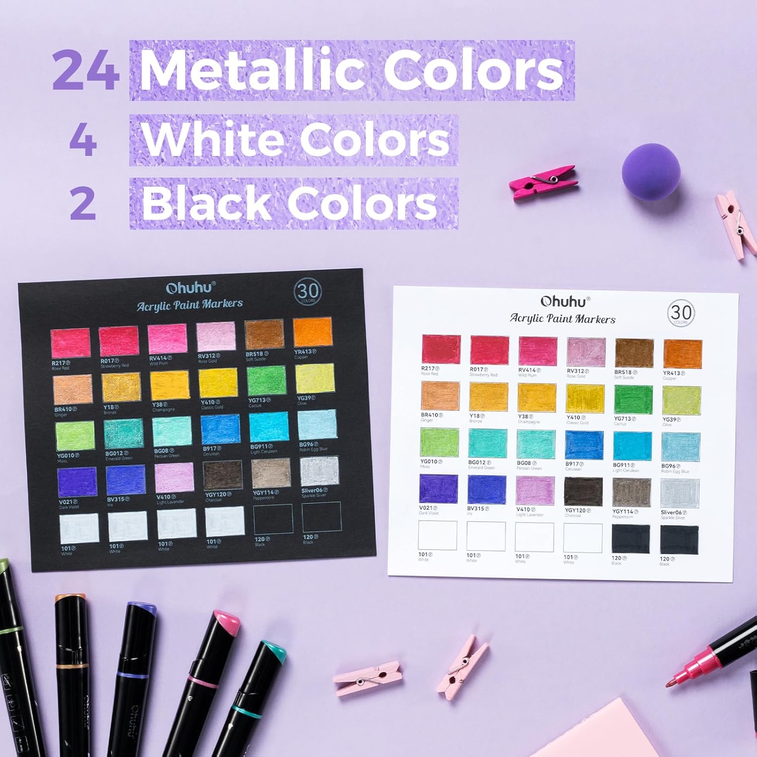 Ohuhu Stylos de peinture acrylique 30 couleurs : à double pointe (ronde et fine)
