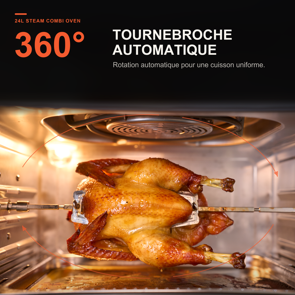 Four combiné vapeur OUNIN 24 L, four de comptoir 10-en-1 avec fonction friteuse à air, cuisson vapeur (pâtisserie et rôtissage), rôtissoire, réservoir d'eau de 1 L et intérieur en acier inoxydable 304