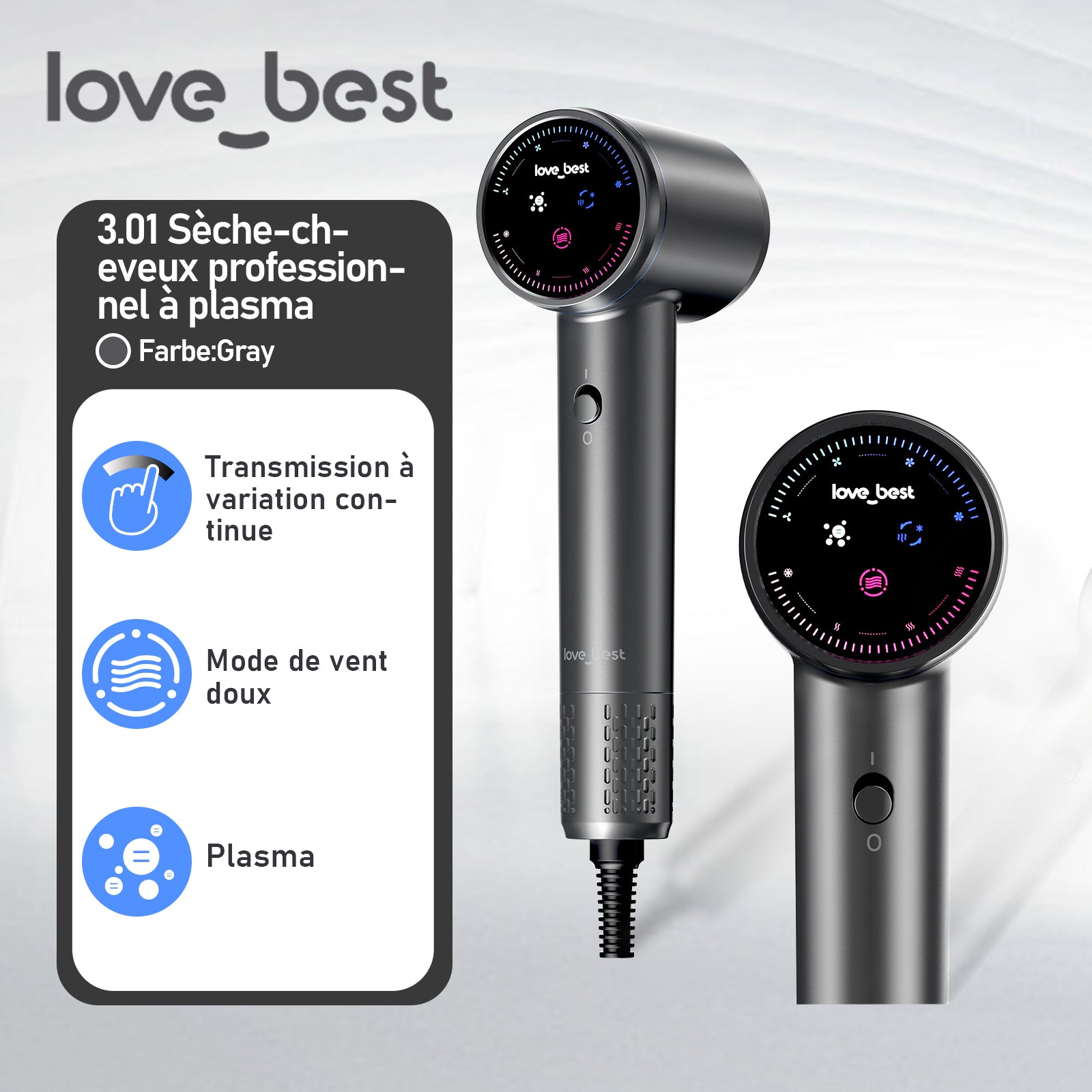 Love Best Air 3.0.1 Sèche-cheveux haute vitesse, Gris, 110 000 tr/min, 1,3 milliard d'ions plasma, Sèche-cheveux domestique haute puissance à séchage rapide, Sèche-cheveux soin capillaire au plasma, Compact et portable, Doux pour les cheveux, Mini sè