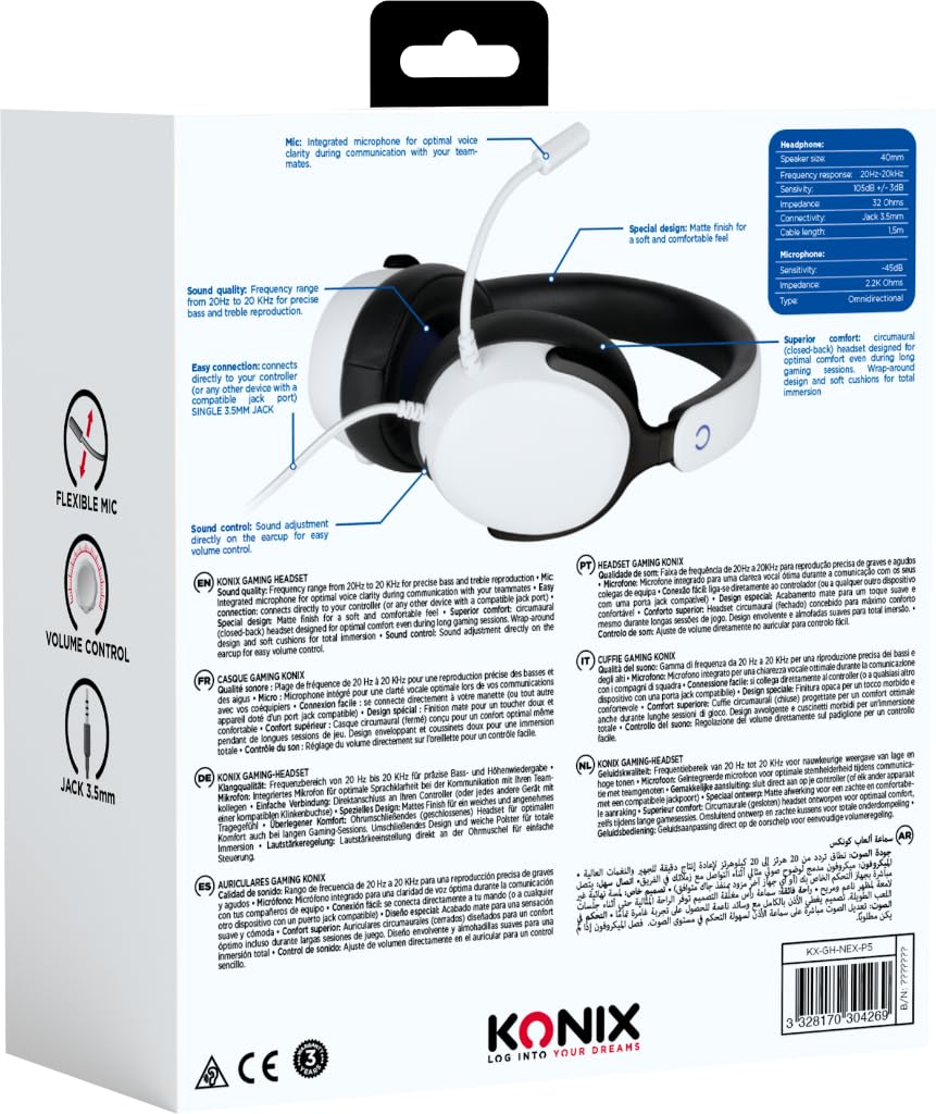 Konix Casque gaming circum-aural filaire Nexus pour PS5 - Haut-parleurs 40 mm - Microphone flexible - Connexion Jack 3,5 mm - Câble 1,5 m - Blanc