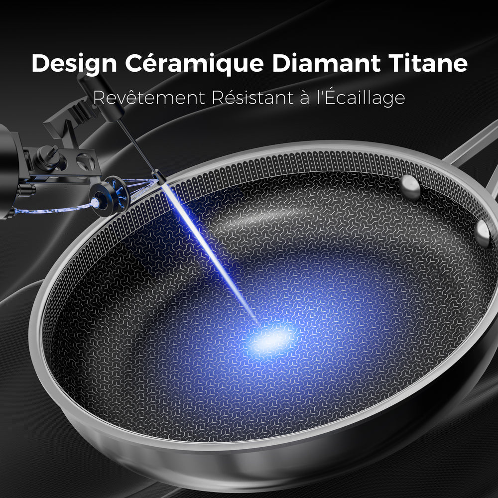 naturepan Poêle Hybride Acier Inoxydable 24 cm, Revêtement Céramique Diamant Titane, Structure 5 Couches, Surface Nid d'Abeille Laser, Compatible Induction, Poignée Froide, Lave-vaisselle