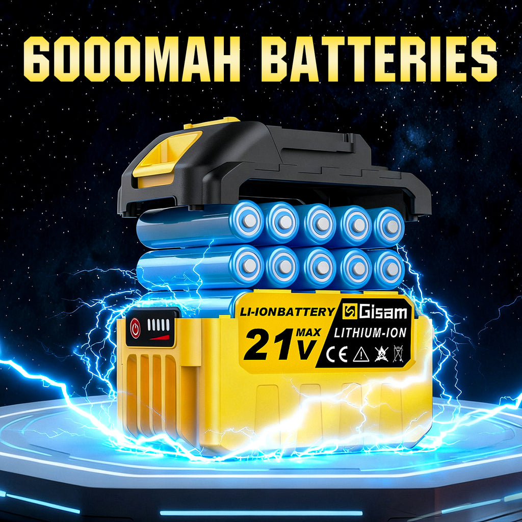 GISAM Souffleur de feuilles à batterie 21 V, Souffleur à batterie avec 2 batteries 2 x 6 000 mAh et chargeur, 3 vitesses et 3 buses de soufflage