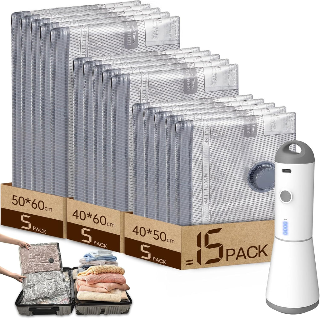 HOMOH Sacs sous vide pour vêtements avec pompe sous vide sans fil, lot de 15 (5 x 40 x 50 cm, 5 x 40 x 60 cm, 5 x 50 x 60 cm), réutilisables, pour voyage, literie et déménagement