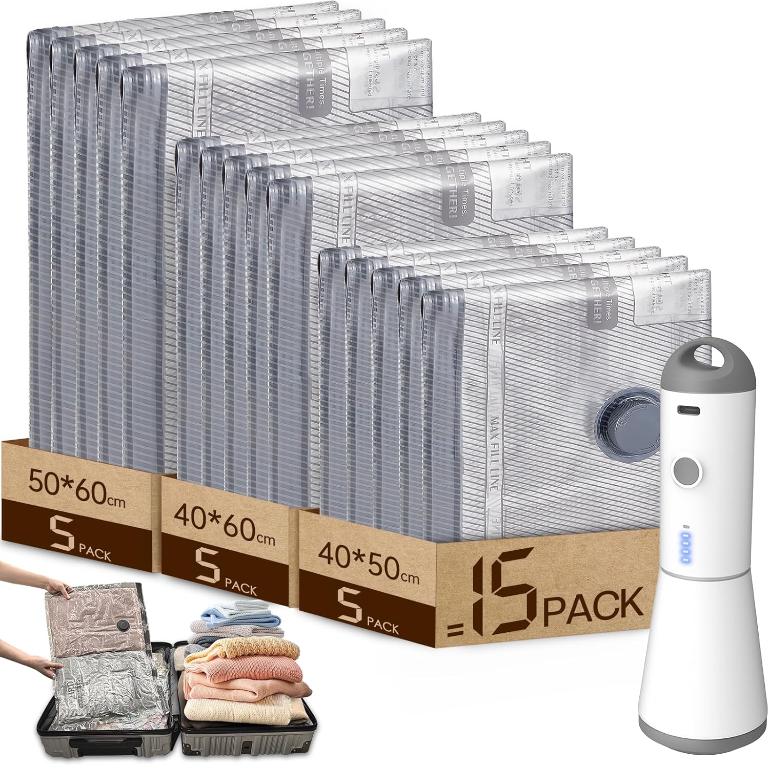 HOMOH Sacs sous vide pour vêtements avec pompe sous vide sans fil, lot de 15 (5 x 40 x 50 cm, 5 x 40 x 60 cm, 5 x 50 x 60 cm), réutilisables, pour voyage, literie et déménagement