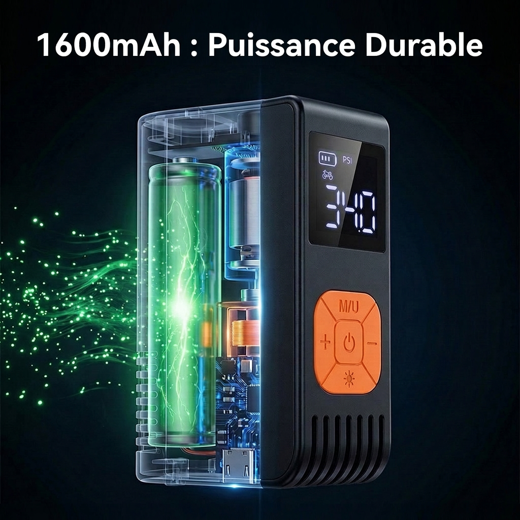 Porbi Pompe à Air Portable (1600 mAh, Modèle Q32) – Noir ; dispose de trois modes de gonflage pour motos, vélos et ballons de sport.