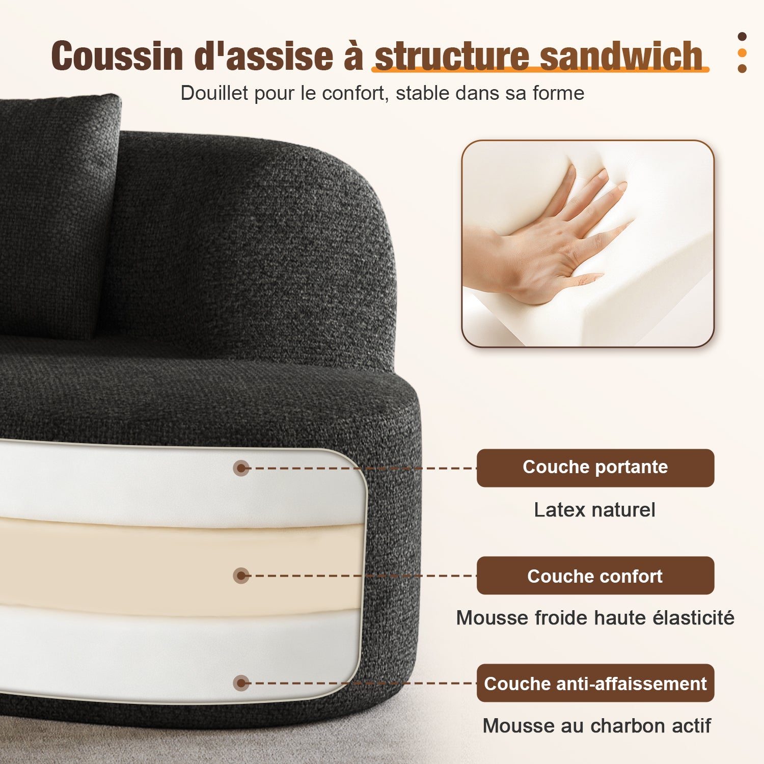 GTIMEX Canapé 2 places, Canapé modulable en chenille, 168 x 90 x 67 cm, Capacité de charge statique : 270 kg, Aucun assemblage requis, Canapé sans armatures, Canapé rembourré au design incurvé avec 3 coussins décoratifs pour salon et petits apparteme