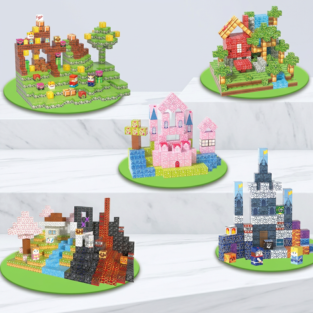XINQIYUAN Jouet éducatif ensemble de blocs de construction magnétiques Monde château rose 2,5 cm 78 pièces [Mélange aléatoire – Couleurs de l’image principale uniquement]